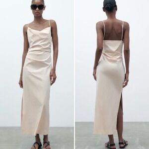 ZARA NWT Cream Draped Midi Dress Medium slip cowl neck side slit minimalist